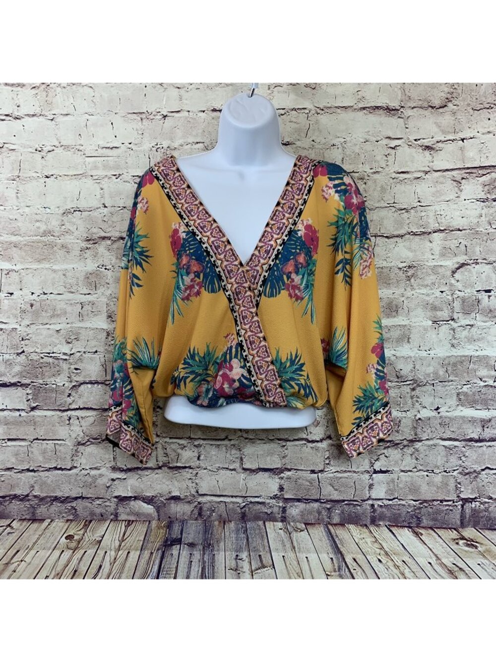 Flying Tomato Yellow Floral V Neck Faux Wrap Kimono Sleeve Crop Top